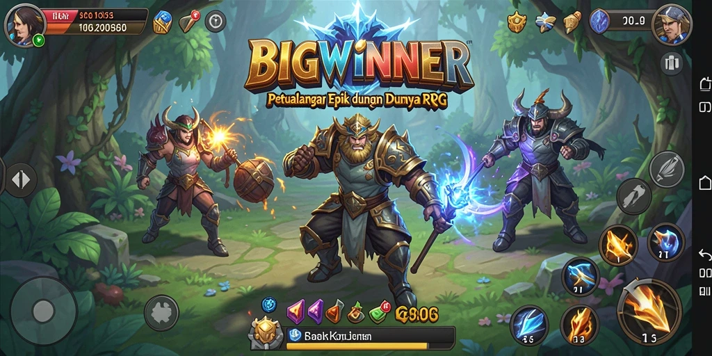 Screenshot utama BIGWINNER menunjukkan aksi pertarungan RPG yang mendebarkan.