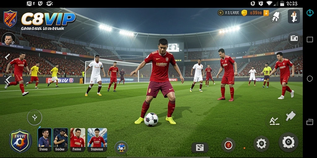 Screenshot utama C8VIP menampilkan aksi mendebarkan di lapangan sepak bola.
