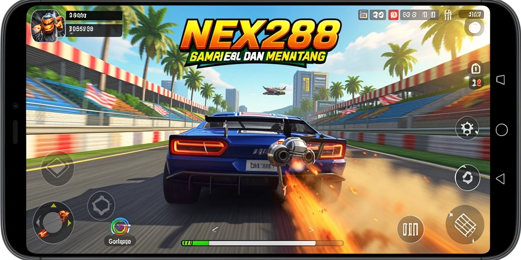 Tangkapan layar gameplay NEX288 menampilkan aksi balapan yang intens dan menegangkan.