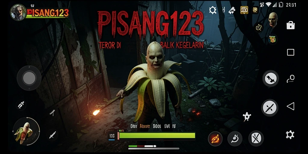 Screenshot gameplay PISANG123 menampilkan suasana horror yang mencekam.